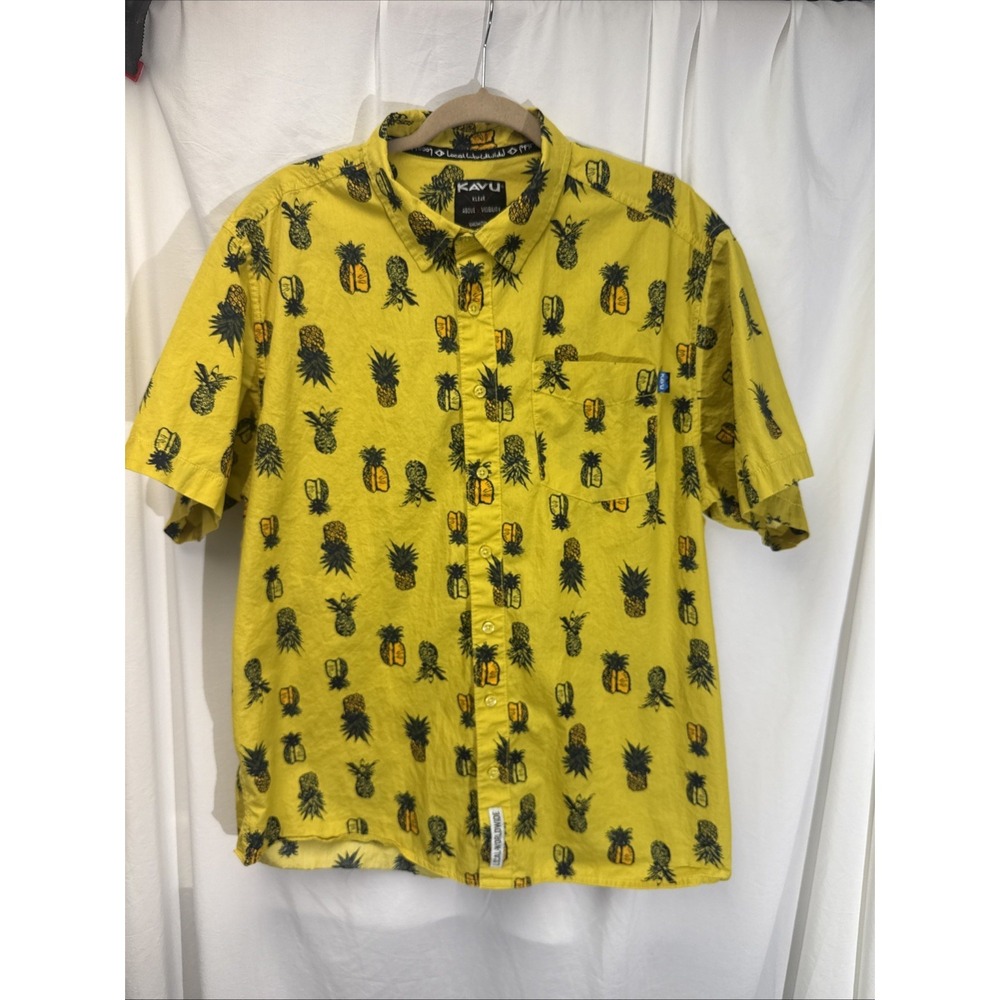 KAVU Men's Size XXLarge Juan Button Up S/S Bright Yellow Pineapples Hawaiian